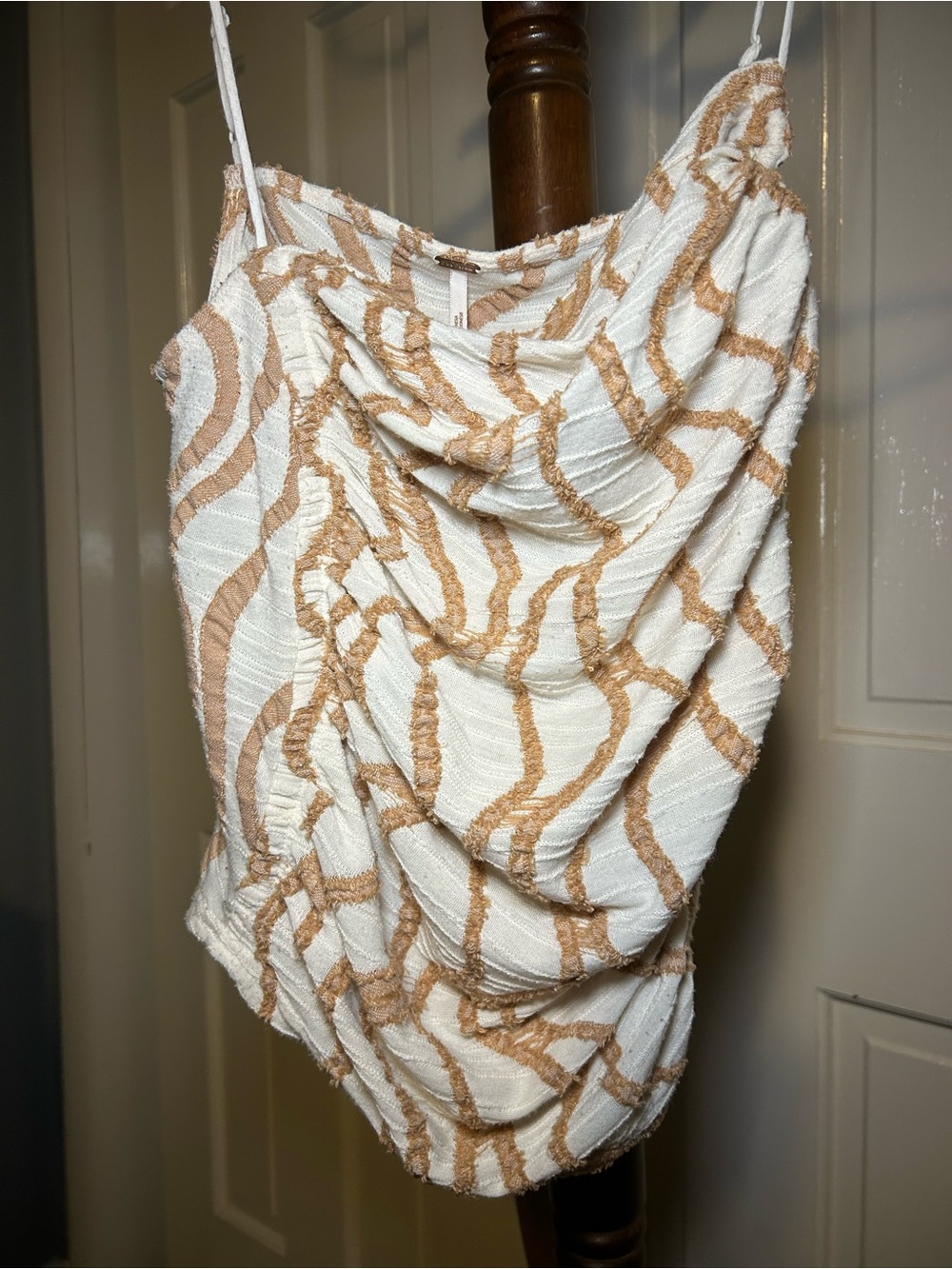 Free People Cream & Tan Draped Spaghetti Strap Asymmetrical neck tank